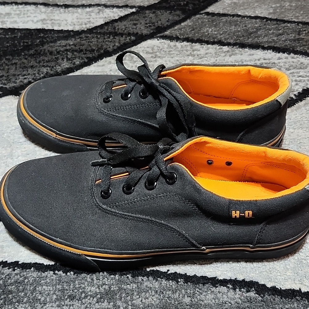 HARLEY DAVIDSON MOTORCYCLE LAWTHRON BLACK CANVAS ORANGE PINSTRIPES SNEAKERS - Picture 4 of 12